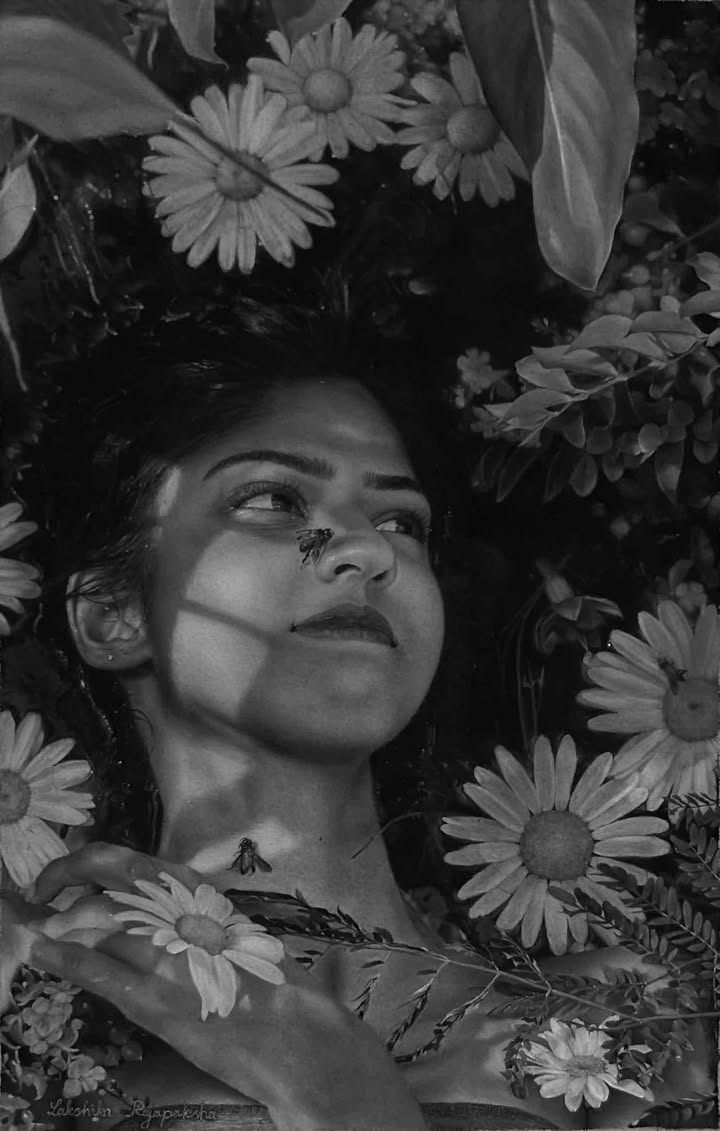 A Piece of Gentleness by Lakshika Rajapaksha, charcoal and white pastel drawing of a woman lying among daisies